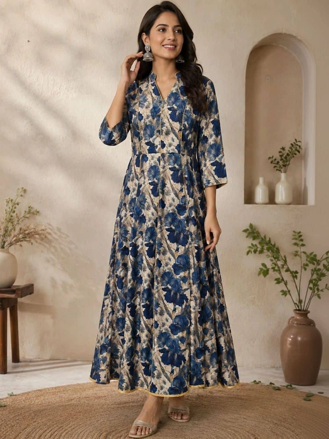 SILCHIC Floral Print Ruffled Satin A-Line Maxi Dress — photo 1