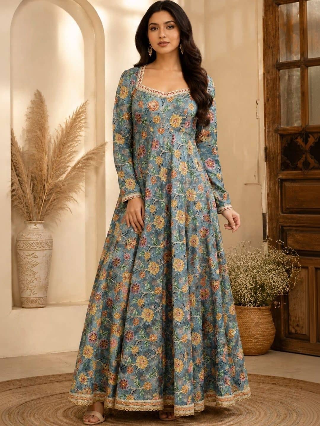 SILCHIC Embroidered Floral Anarkali Kurta Dress with Square Neck & Full Sleeves — photo 1