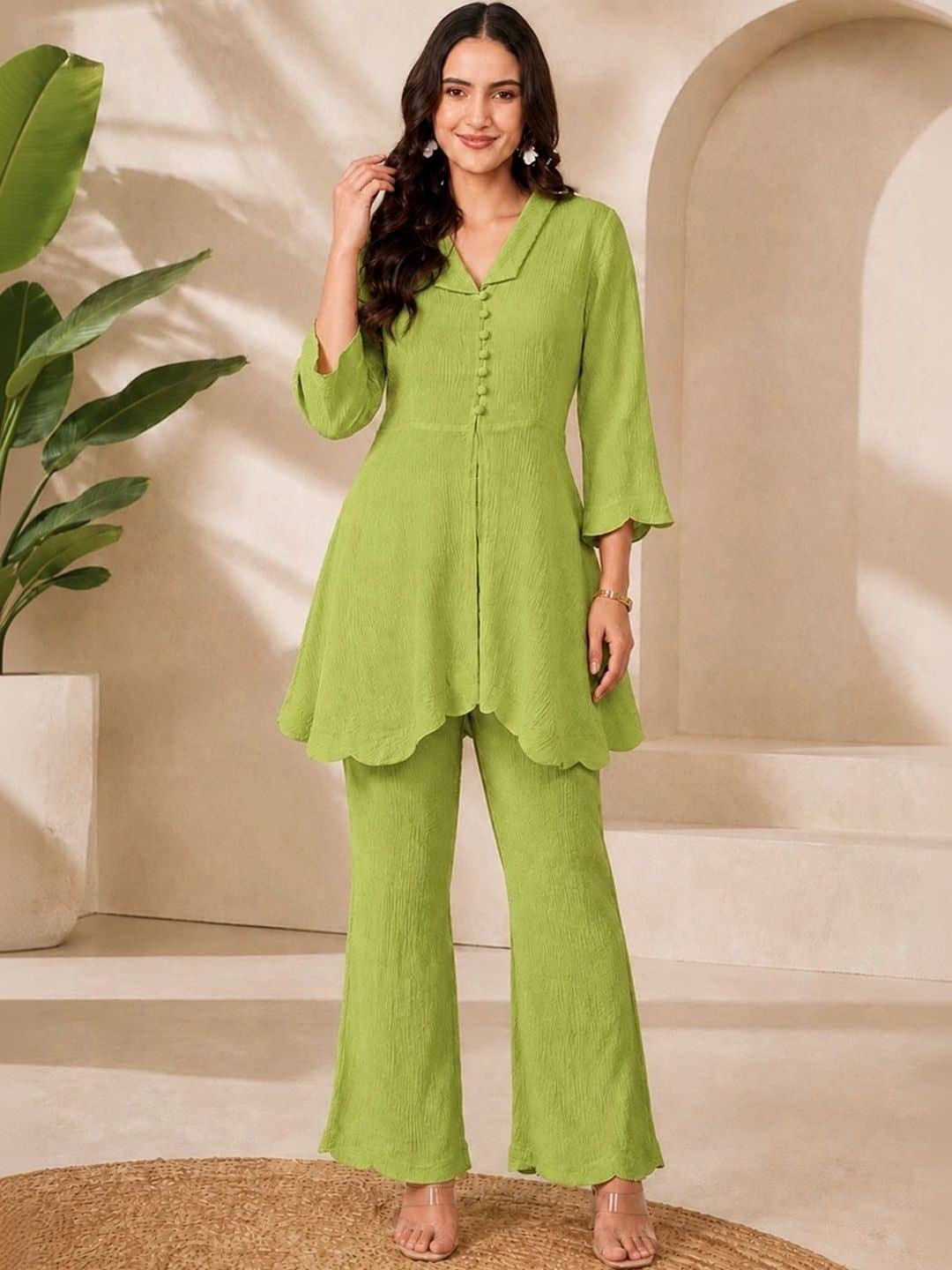 SILCHIC Women Self Design Green Top with Palazzos