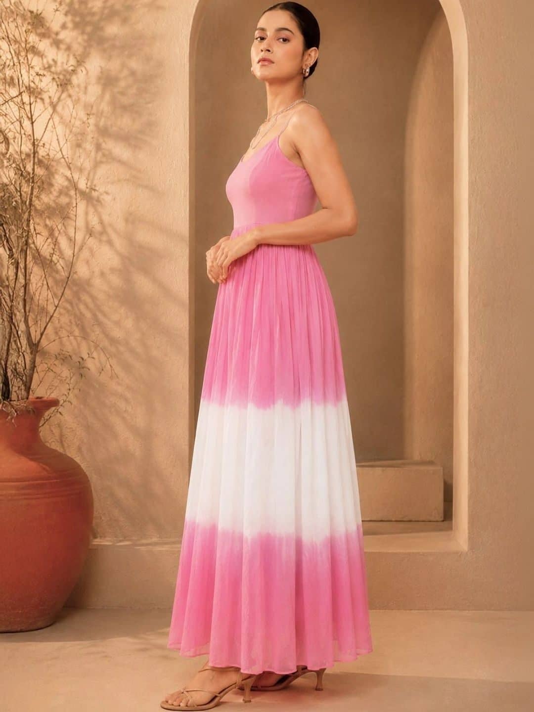 SILCHIC Tie and Dye Colourblocked Georgette Fit & Flare Maxi Dress — photo 2
