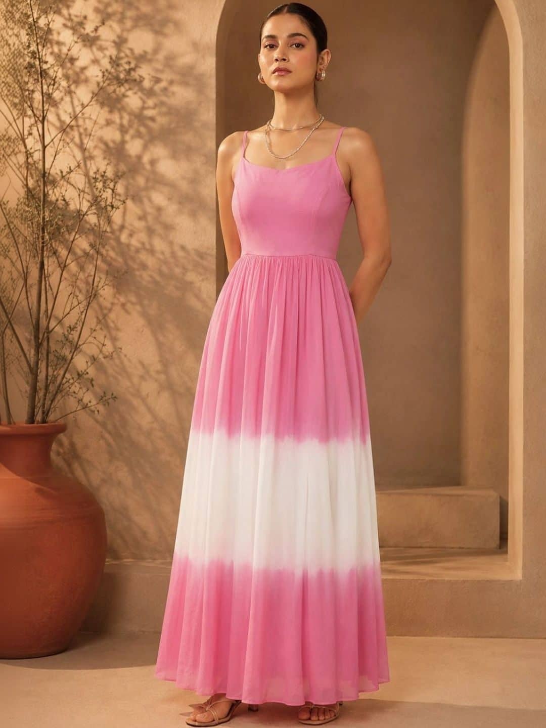 SILCHIC Tie and Dye Colourblocked Georgette Fit & Flare Maxi Dress — photo 1