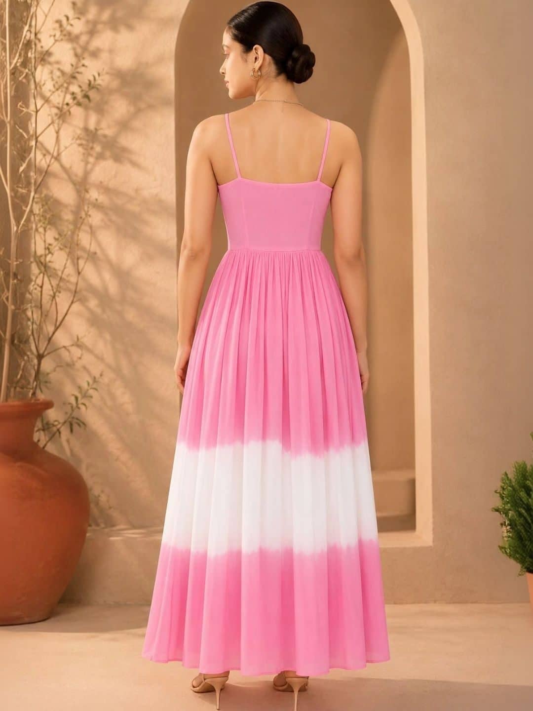SILCHIC Tie and Dye Colourblocked Georgette Fit & Flare Maxi Dress — photo 3