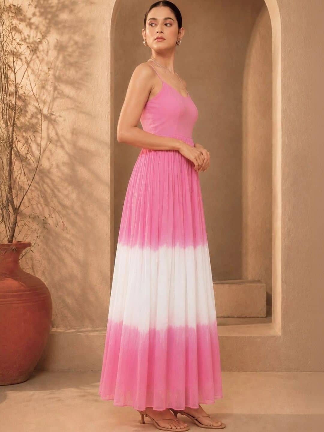 SILCHIC Tie and Dye Colourblocked Georgette Fit & Flare Maxi Dress — photo 4