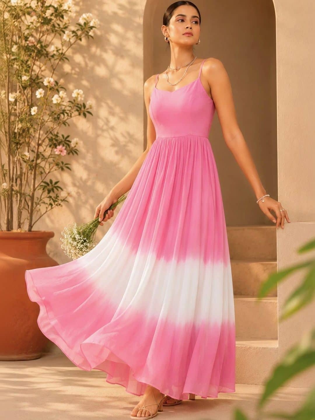 SILCHIC Tie and Dye Colourblocked Georgette Fit & Flare Maxi Dress — photo 5
