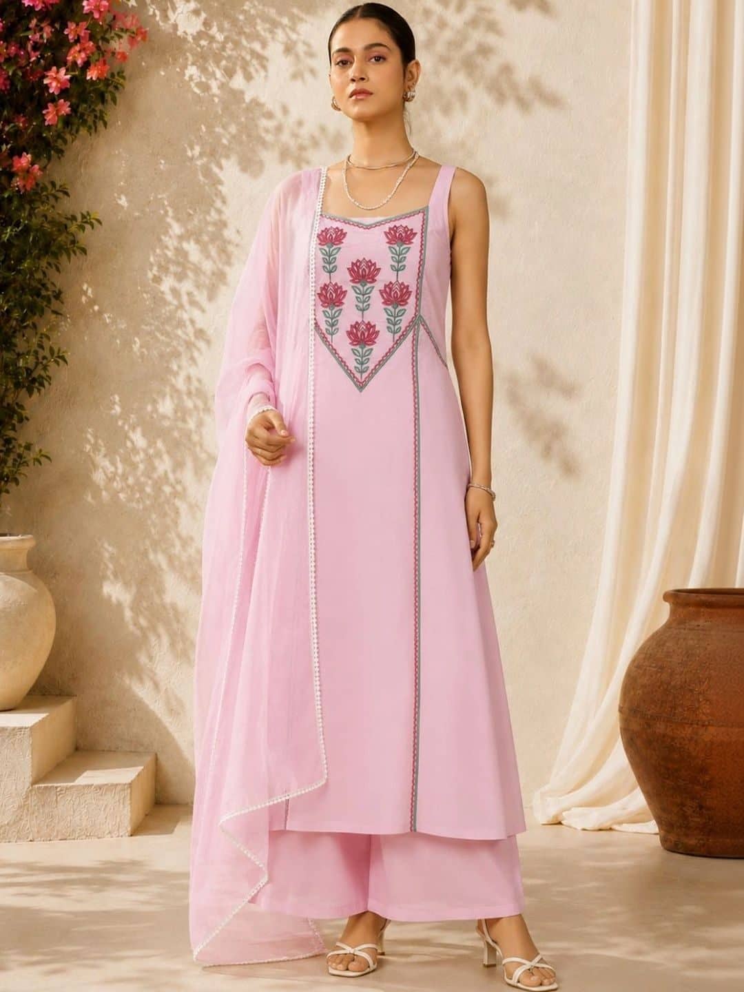 SILCHIC Women Ethnic Motifs Regular Thread Work Kurta with Palazzos & With Dupatta — photo 1