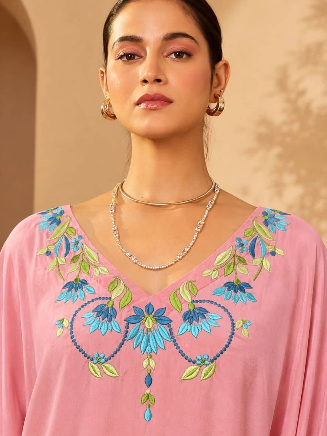 SILCHIC Floral Embroidered Kimono Sleeve Crepe Kaftan Dress — photo 4