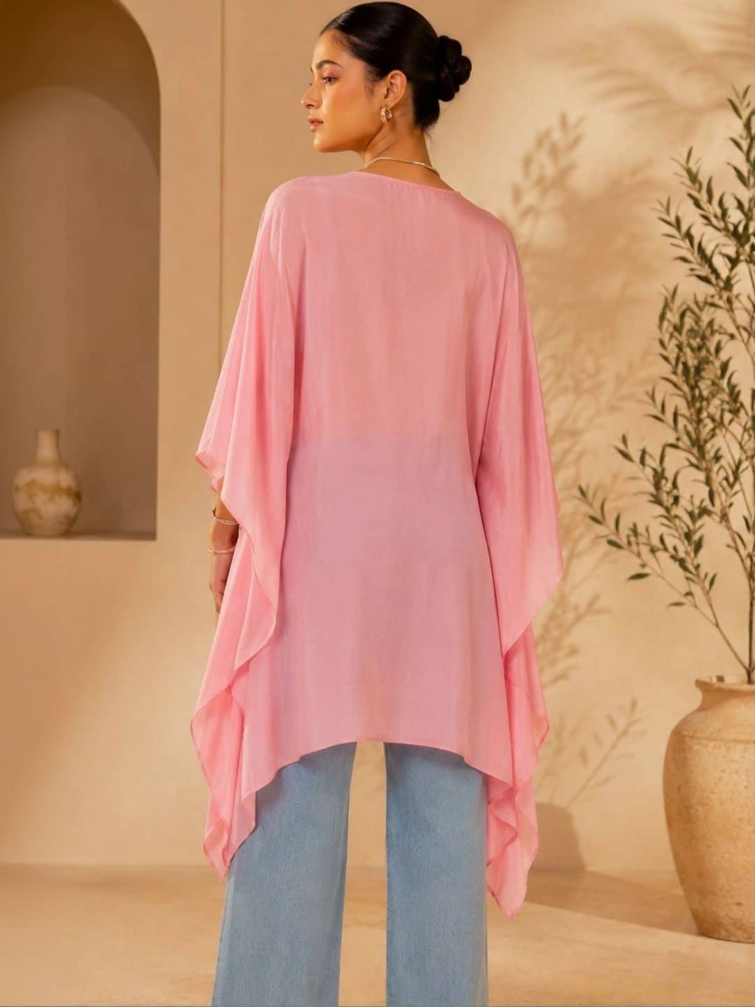 SILCHIC Floral Embroidered Kimono Sleeve Crepe Kaftan Dress — photo 3