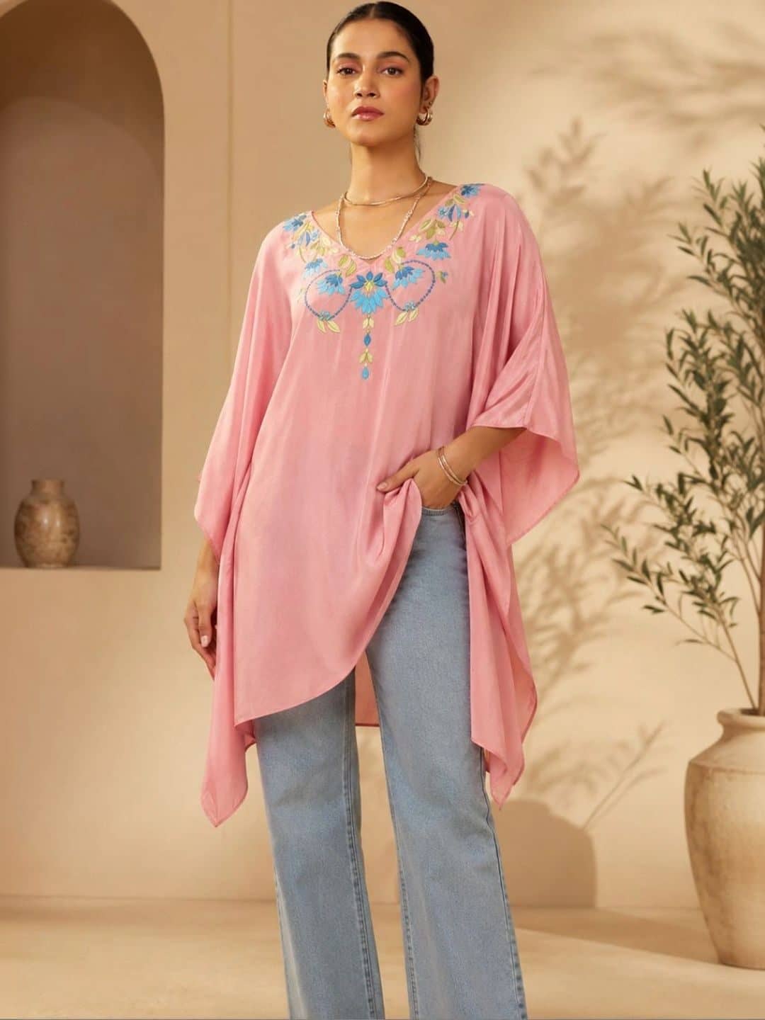 SILCHIC Floral Embroidered Kimono Sleeve Crepe Kaftan Dress