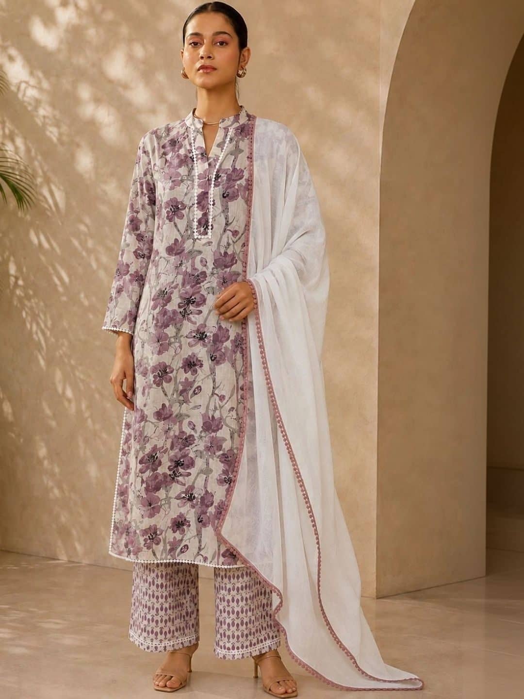 SILCHIC Floral Printed Mandarin Collar Pure Cotton Straight Kurta with Palazzos & Dupatta — photo 1
