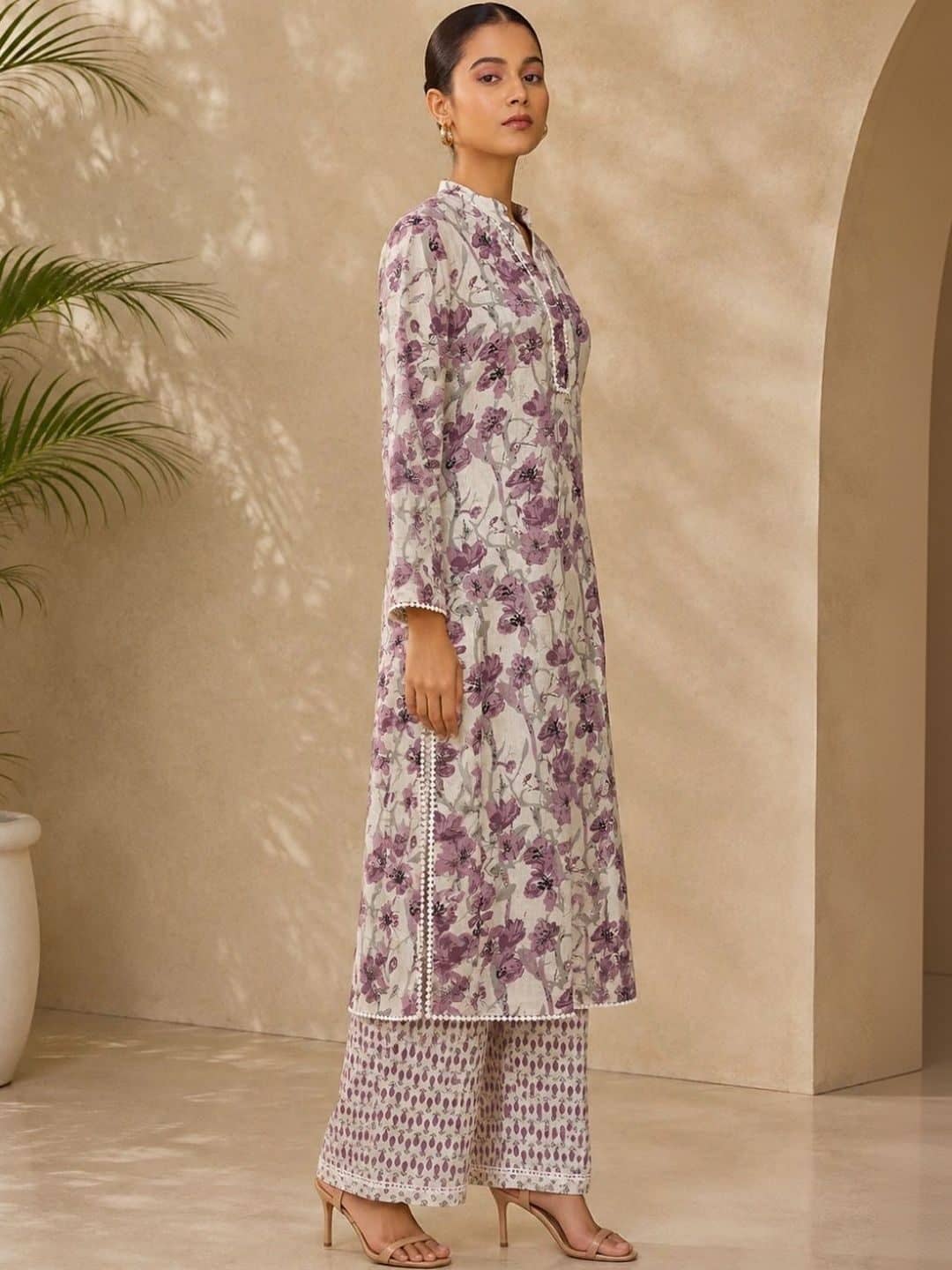 SILCHIC Floral Printed Mandarin Collar Pure Cotton Straight Kurta with Palazzos & Dupatta — photo 4