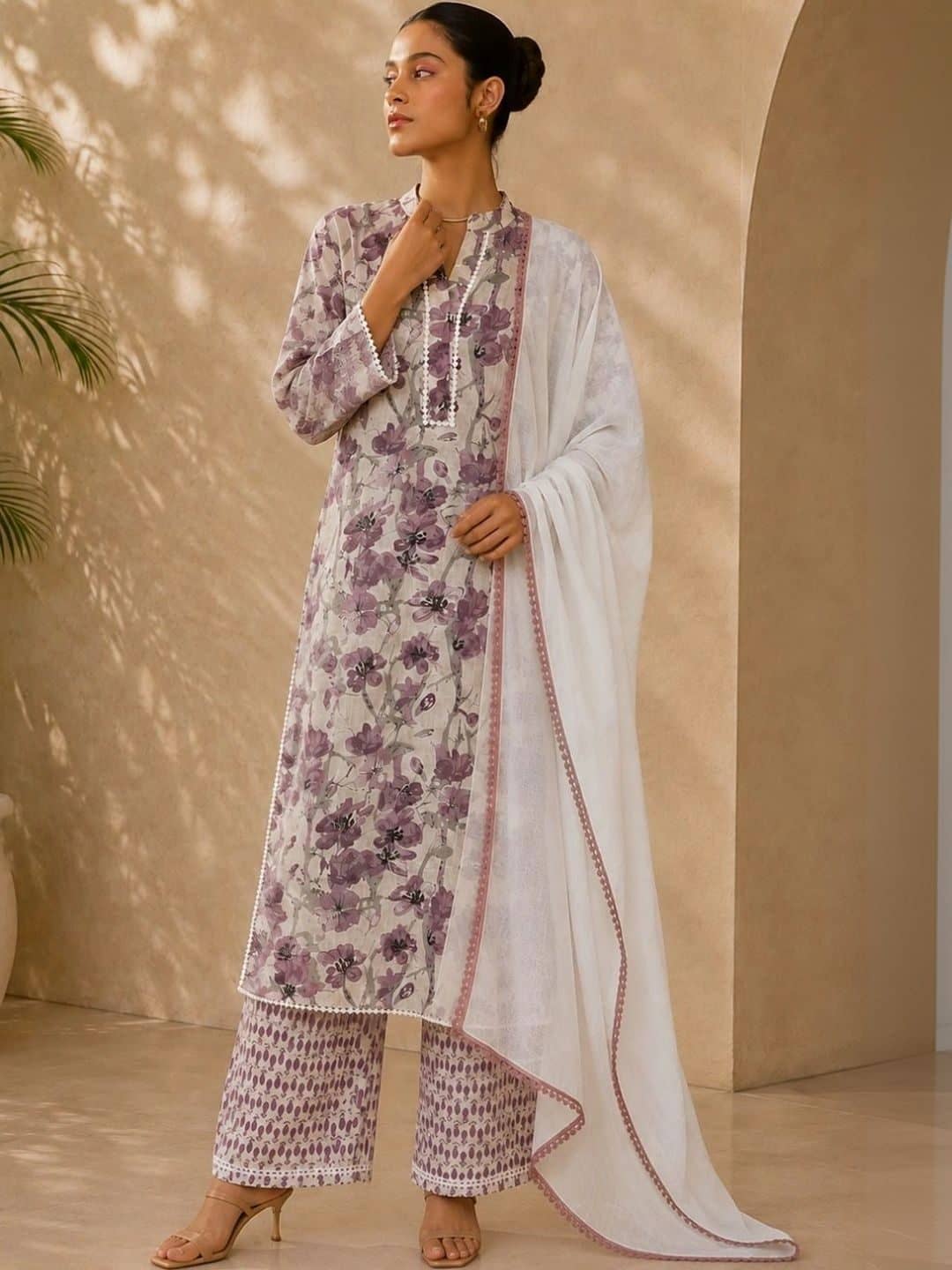 SILCHIC Floral Printed Mandarin Collar Pure Cotton Straight Kurta with Palazzos & Dupatta — photo 5