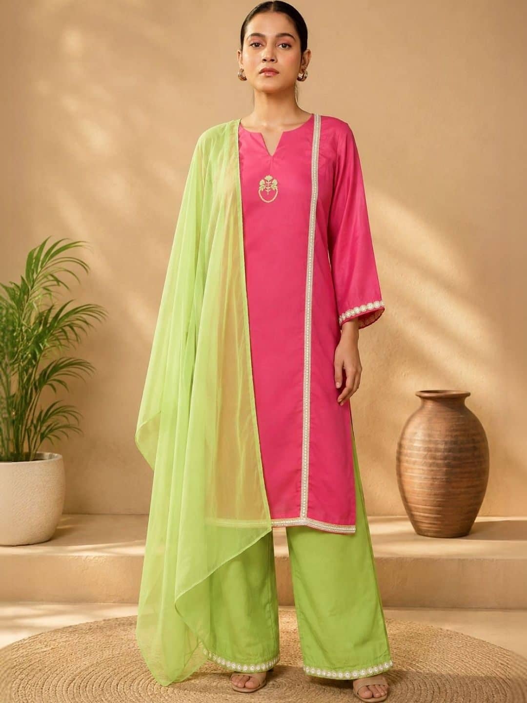 SILCHIC Women Ethnic Motifs Embroidered Regular Thread Work Kurta with Palazzos & With Dupatta — photo 1