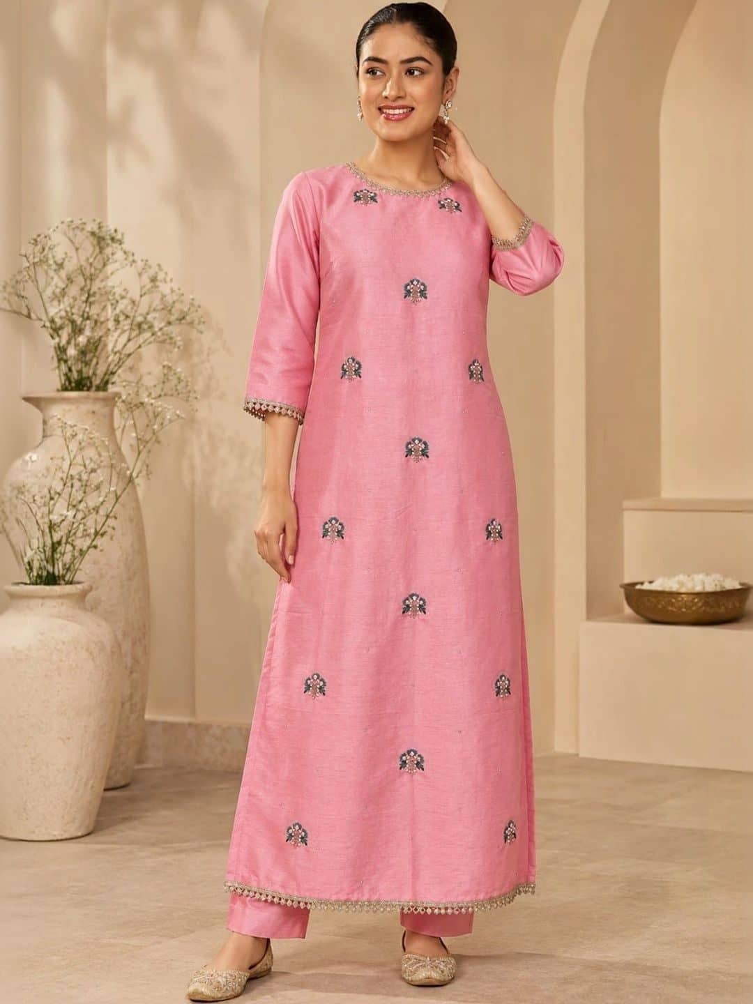 SILCHIC Women Ethnic Motifs Embroidered Regular Mirror Work Dupion Silk Kurta with Trousers & With Dupatta — photo 6
