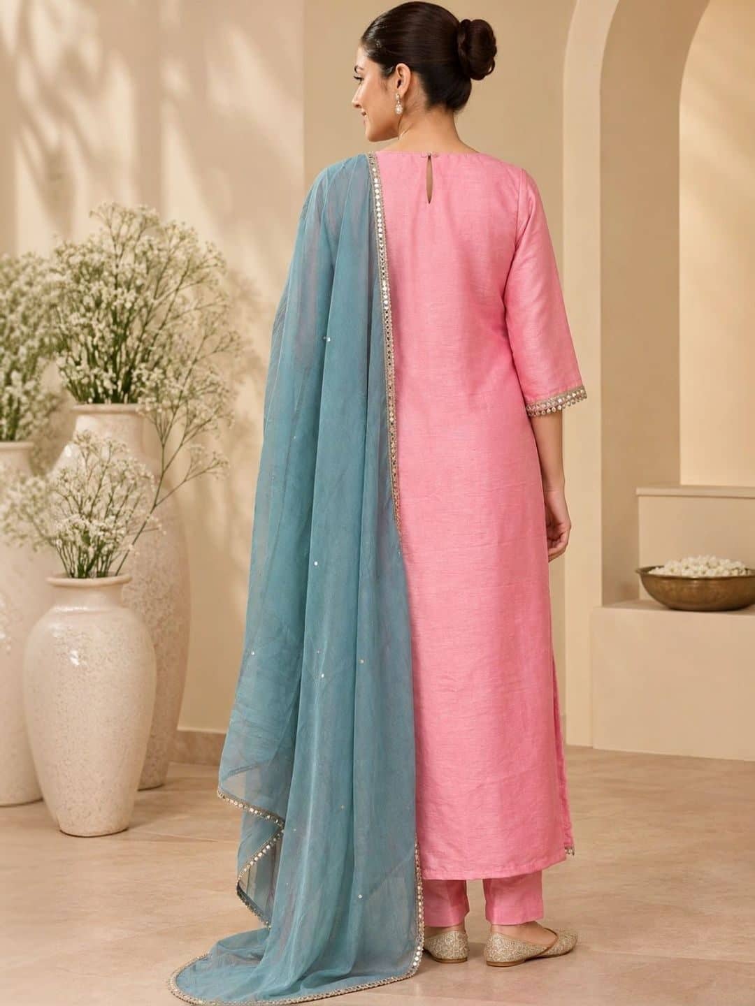 SILCHIC Women Ethnic Motifs Embroidered Regular Mirror Work Dupion Silk Kurta with Trousers & With Dupatta — photo 3