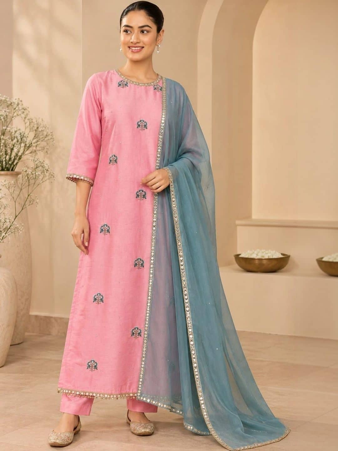 SILCHIC Women Ethnic Motifs Embroidered Regular Mirror Work Dupion Silk Kurta with Trousers & With Dupatta — photo 1