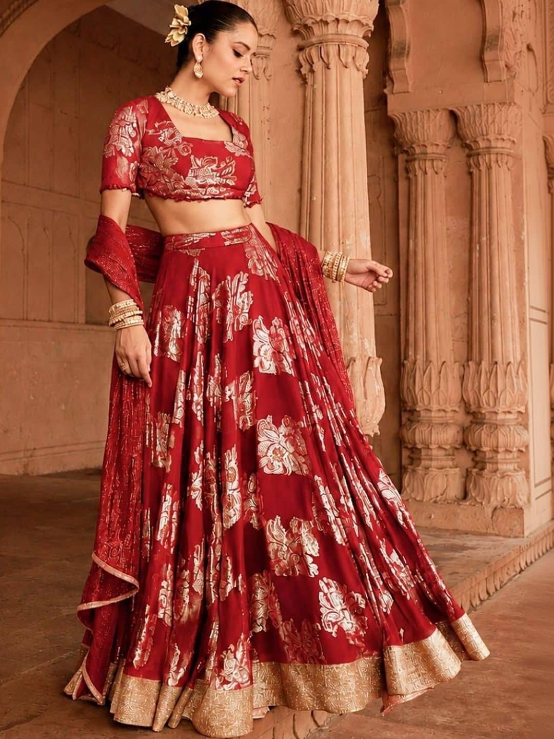 SILCHIC Embellished Foil Print Ready to Wear Lehenga & Blouse With Dupatta